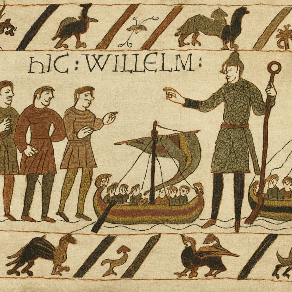 Medieval tapestry scene with figures in period attire, boats, and animals, evoking Viking and Renaissance themes.