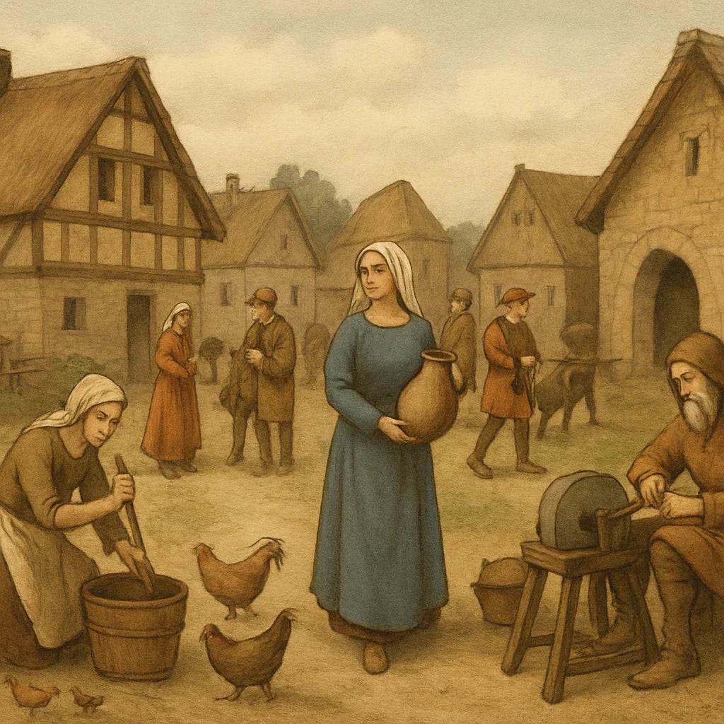 Medieval village scene with woman in blue gown holding jug, surrounded by villagers, chickens, and timber-framed homes