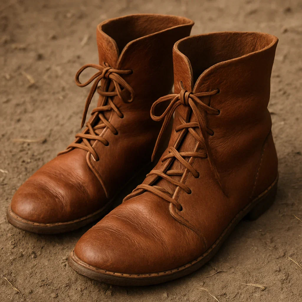 Handmade medieval leather boots with wrap laces, full-grain texture, and sturdy soles on dirt ground
