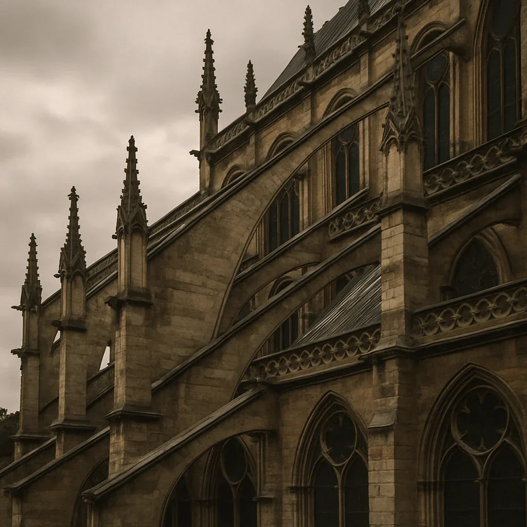 Gothic cathedral with flying buttresses and stained glass under cloudy sky