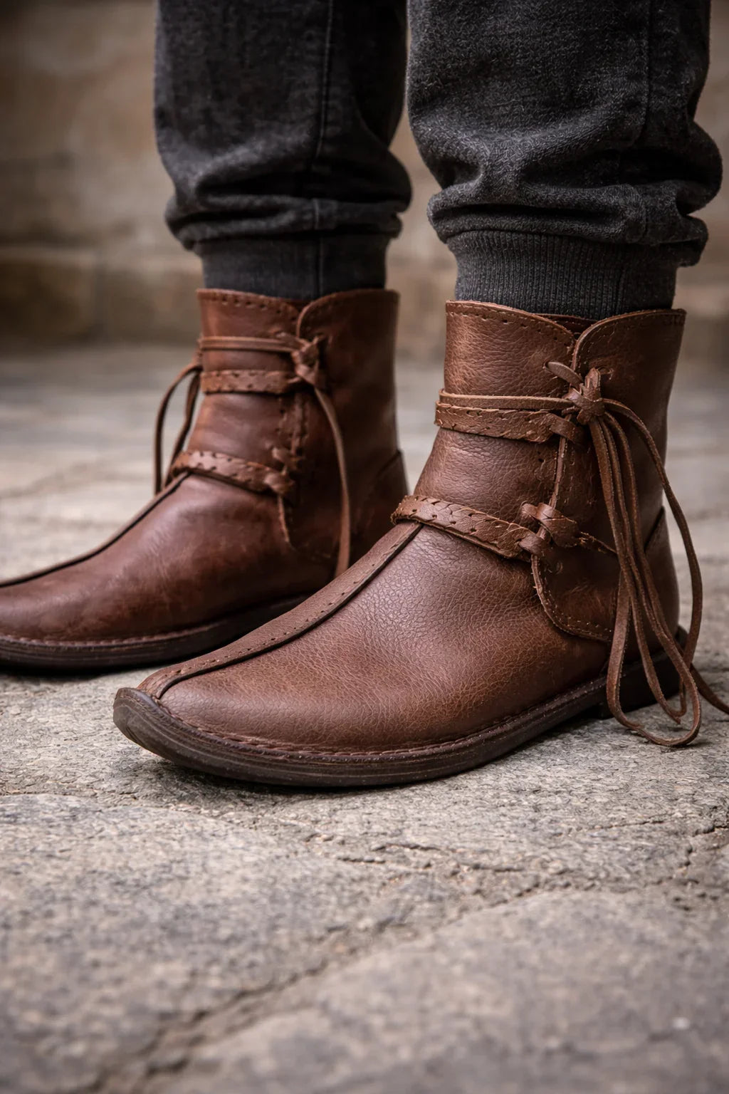 Handmade brown medieval leather boots with wrap laces and full-grain texture, worn on stone ground for LARP or SCA reenactment.