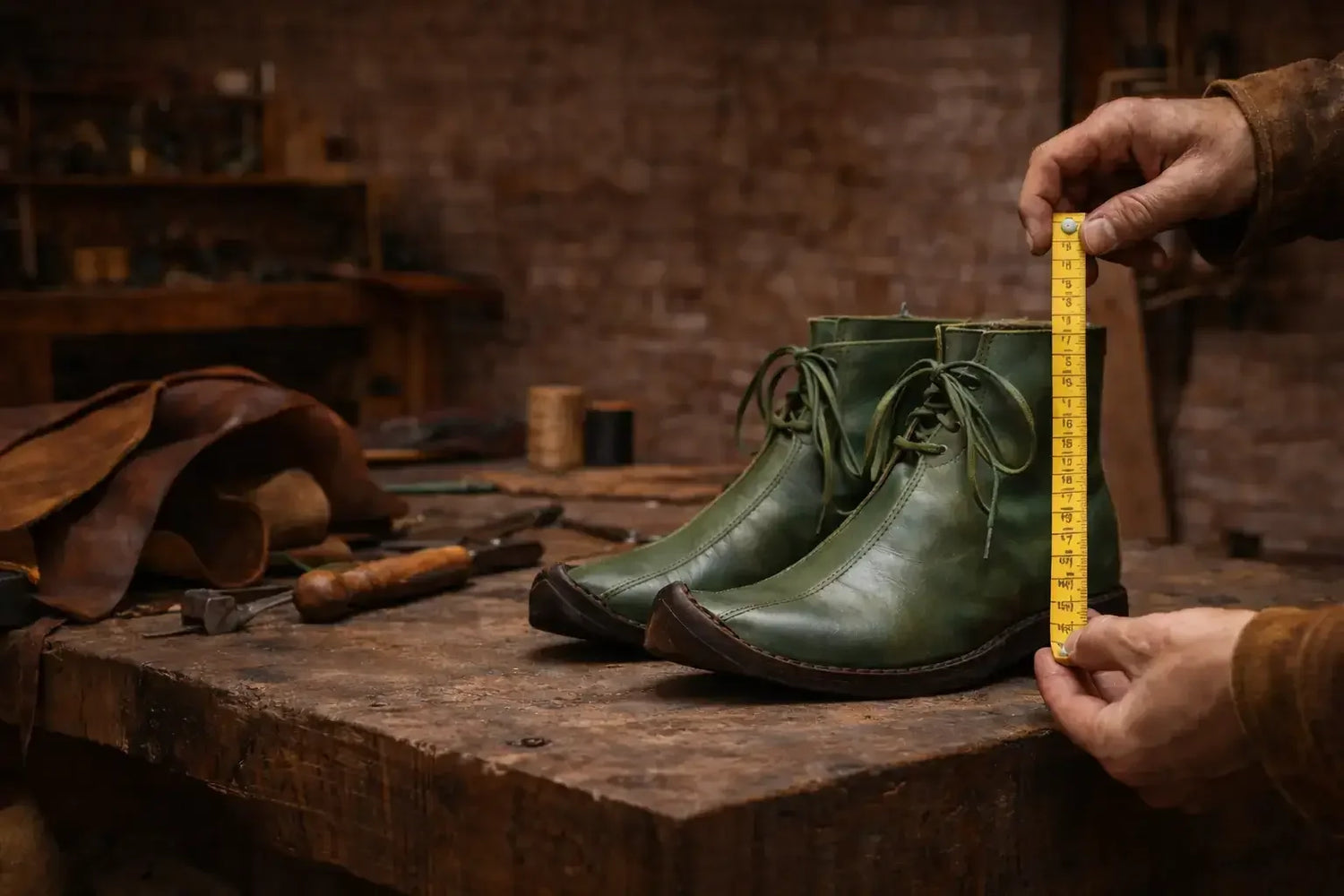 Handmade green medieval leather boots on a workshop table, being measured for fit, showcasing full-grain leather and wrap laces.