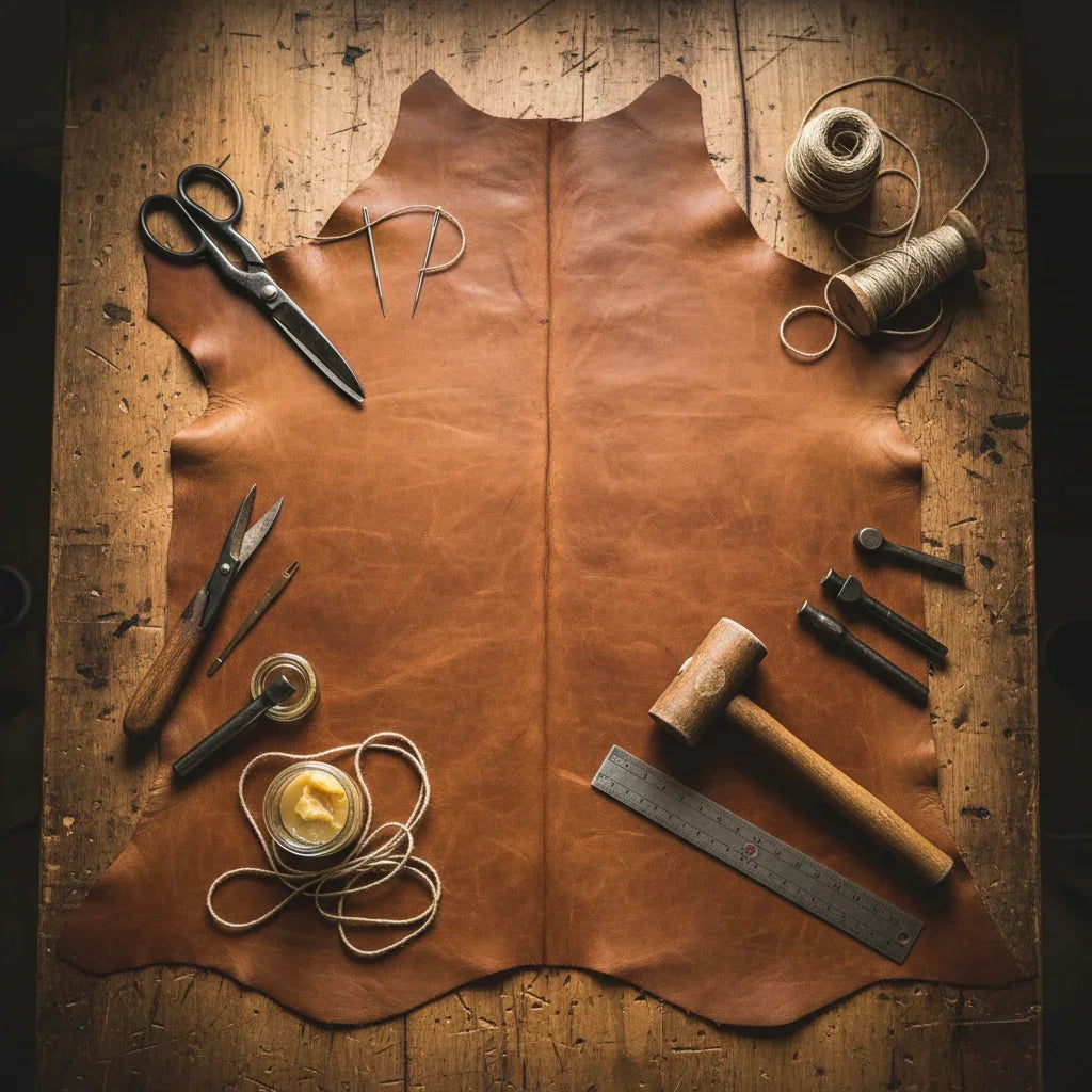 Full-grain leather hide with handmade tools for crafting medieval boots and Viking footwear.