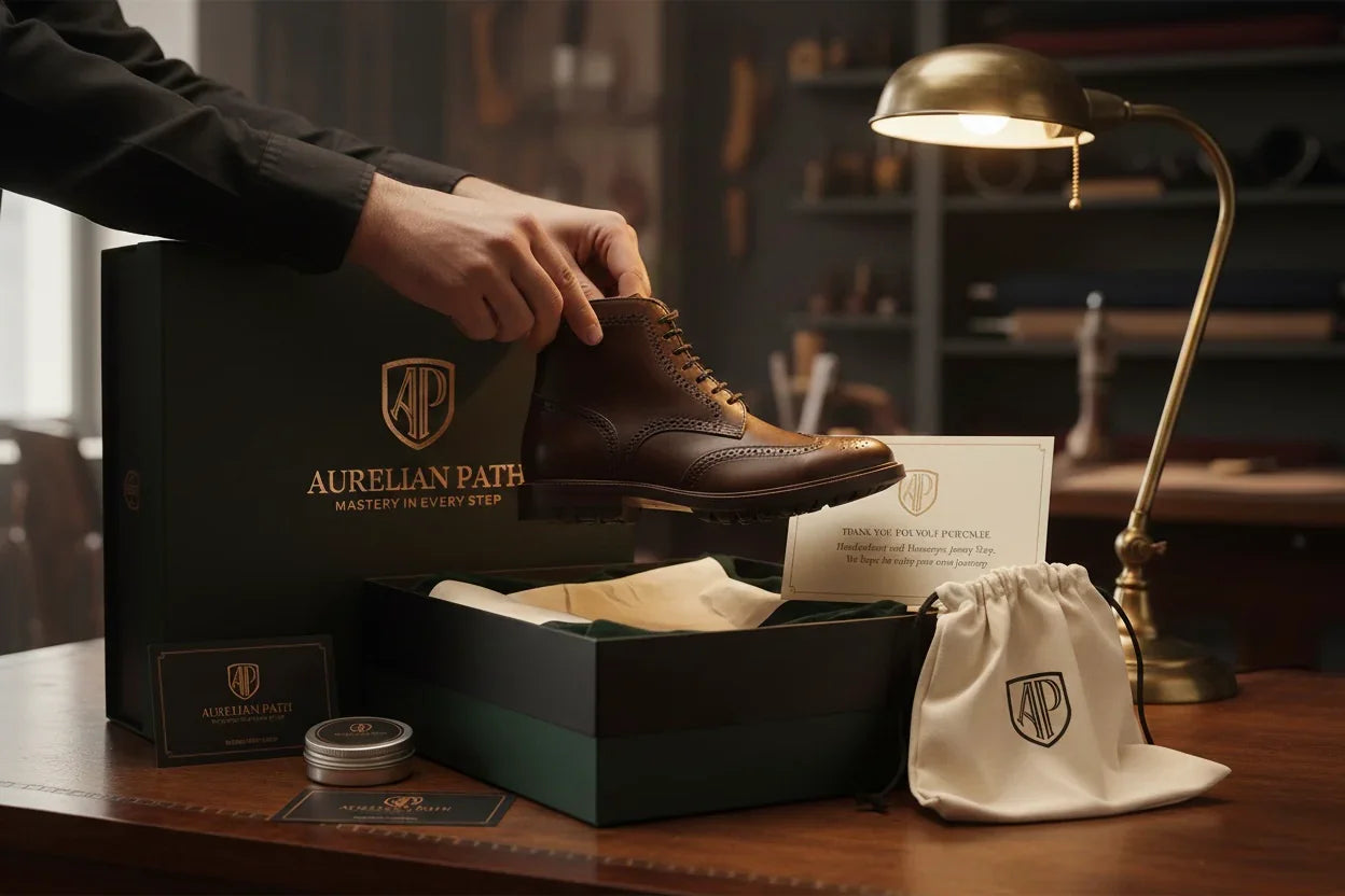 Hand holding a rich brown handmade leather boot with brogue detailing, beside Aurelian Path packaging and care tin.