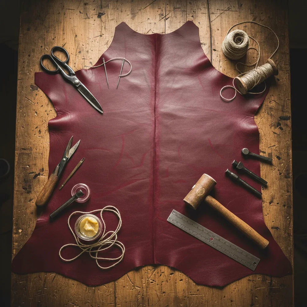Rich burgundy full-grain leather hide with artisan tools on a rustic workbench, ready for handmade medieval boots.