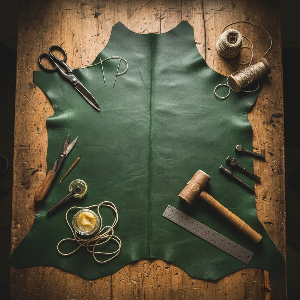 Handmade leather boot materials: green full-grain hide, tools, and thread on a rustic workbench.
