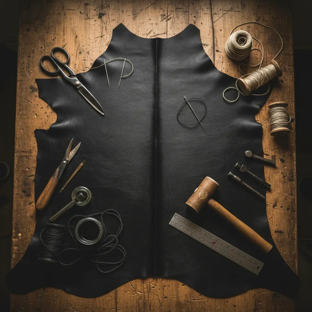Handmade medieval leather boots crafted from full-grain leather with traditional tools on a rustic workbench.