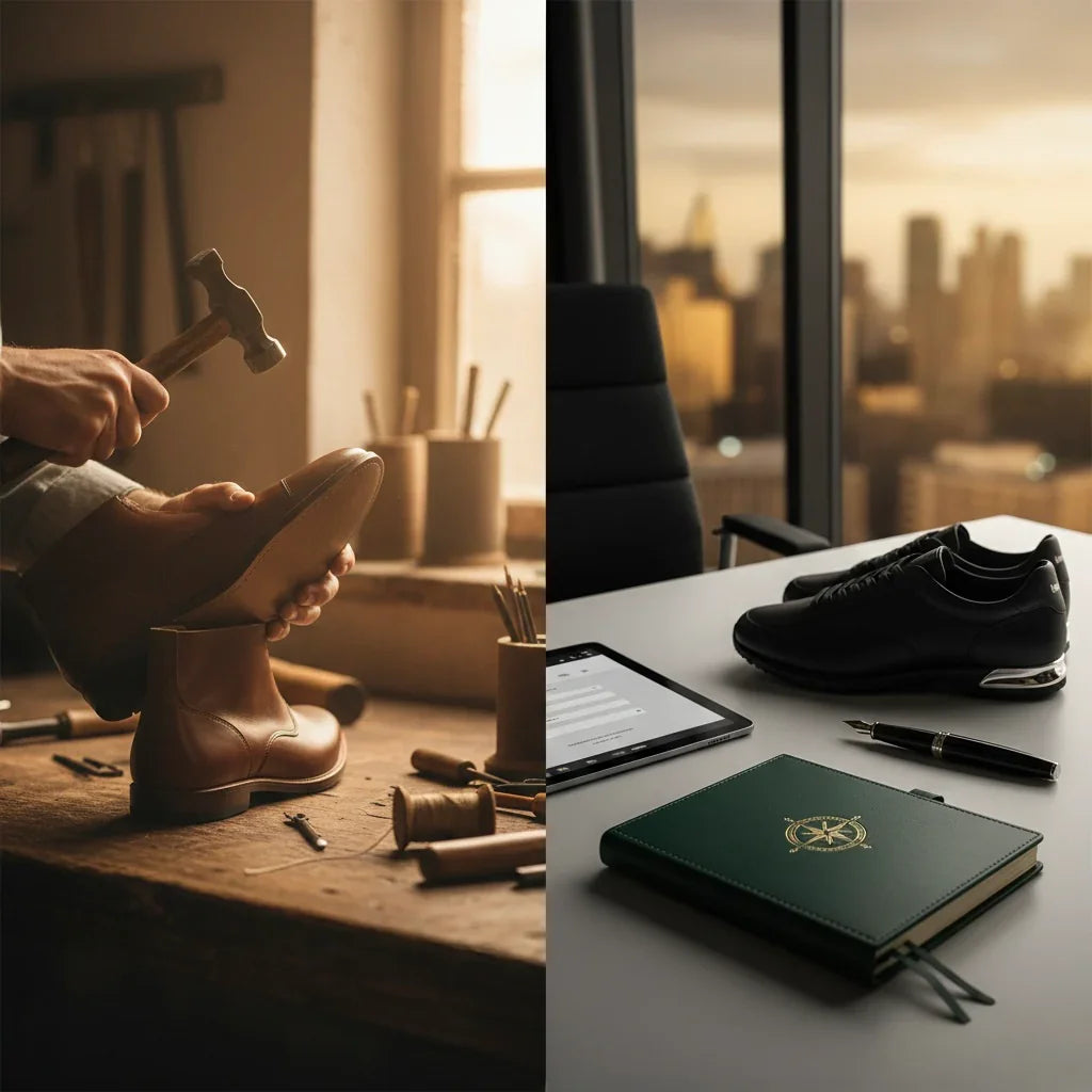 Craftsman hammering handmade leather boots in workshop, full-grain texture and stitching visible, natural light setting