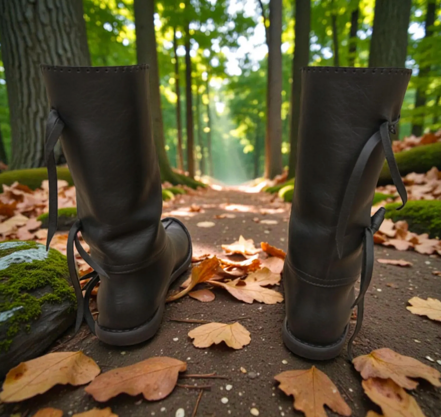 Dark medieval leather boots with wrap laces on a forest path, perfect for LARP or SCA reenactment footwear.