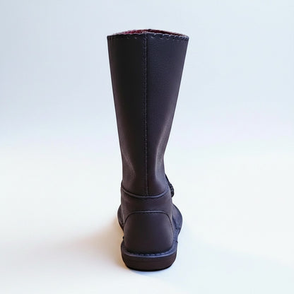 Black handmade medieval leather boot with visible stitching and full-grain texture, rear view on white background