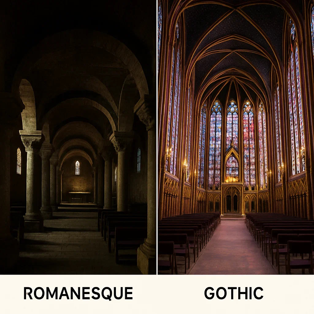 Romanesque vs Gothic cathedral architecture comparison showing rounded arches and stained glass windows