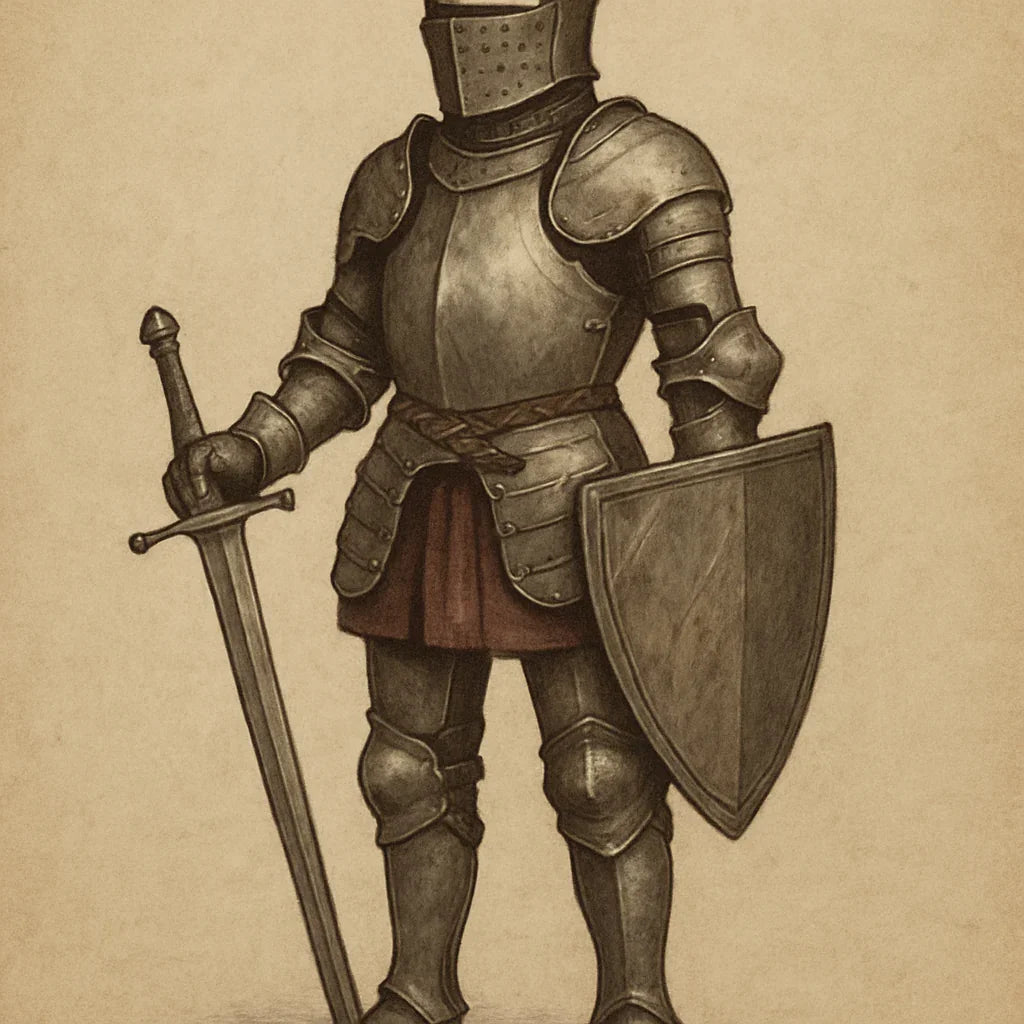Medieval knight in full plate armor holding sword and shield, ideal for SCA reenactment or LARP events.
