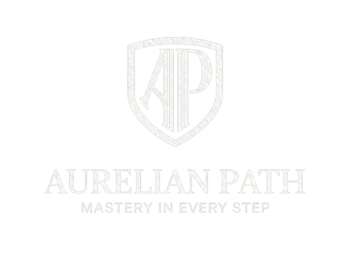 Aurelian Path logo with shield emblem and tagline Mastery in Every Step, representing handmade medieval and Viking leather footwear.