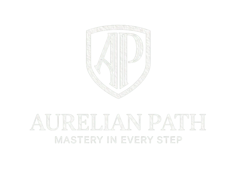 Aurelian Path logo with shield emblem and tagline Mastery in Every Step, representing handmade medieval and Viking leather footwear.
