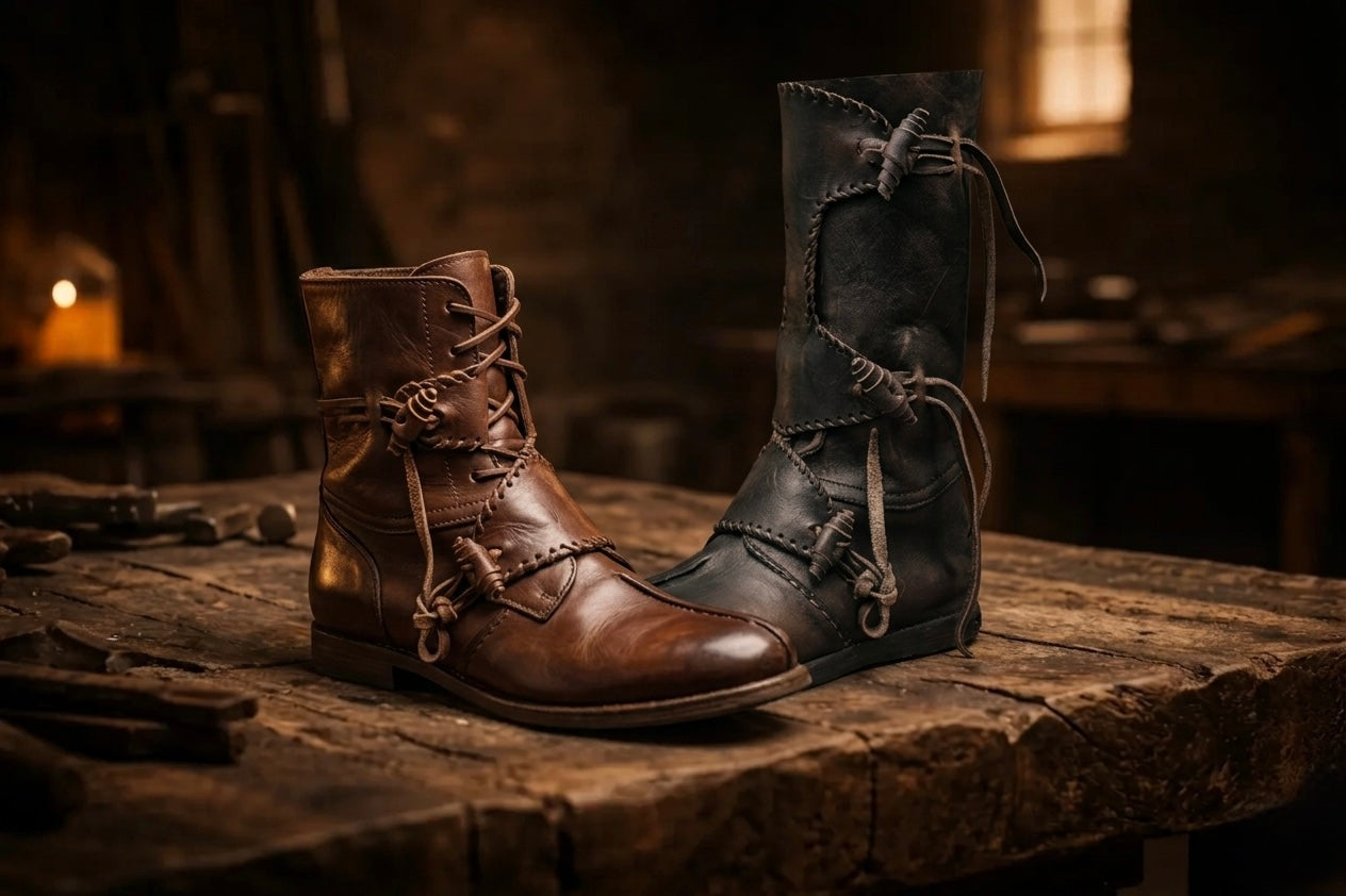 Handmade medieval leather boots with wrap laces and full-grain texture, displayed on rustic wood for LARP or SCA reenactment.